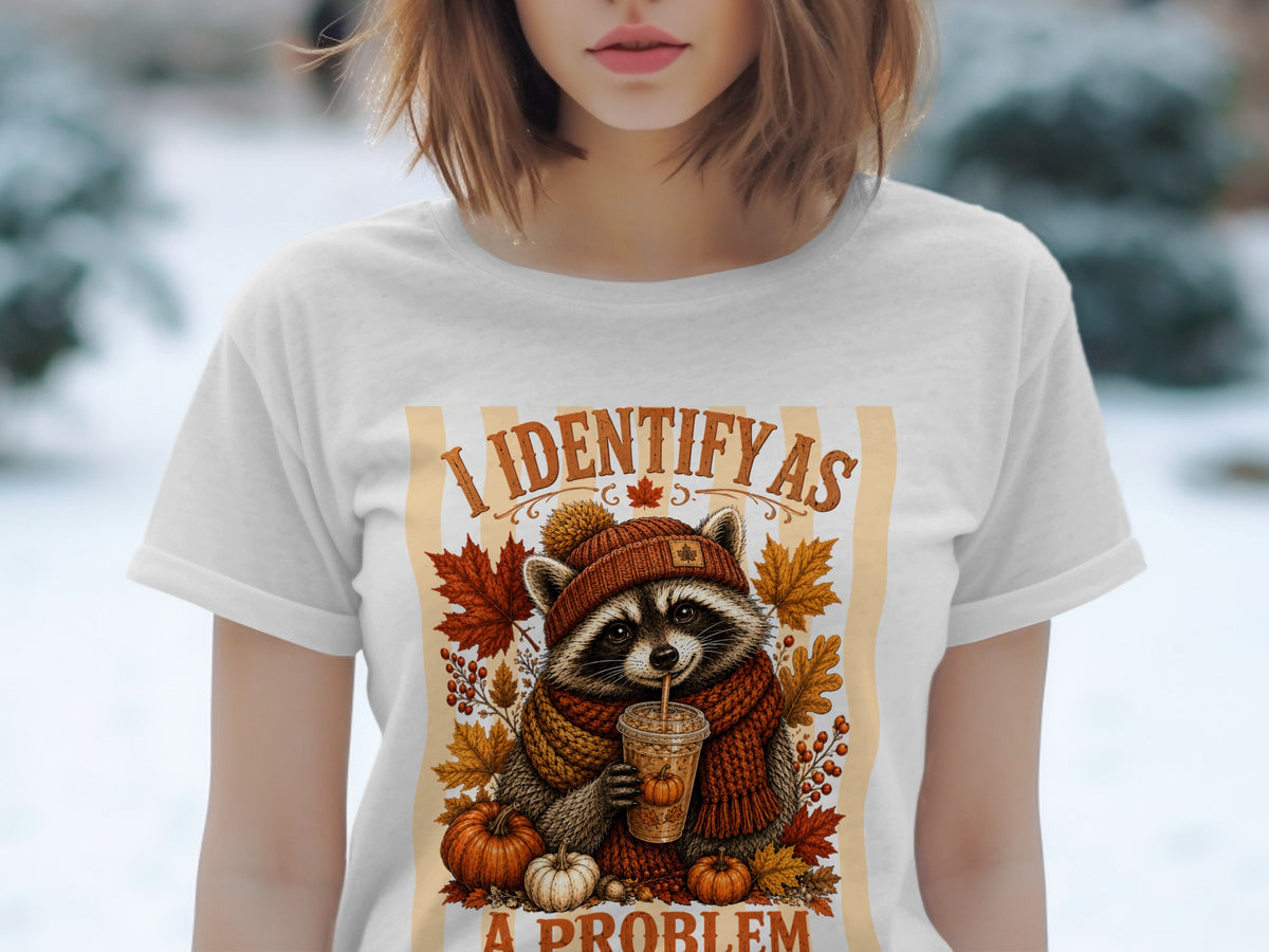 Raccoon in autumn attire drinking from a cup with text "I IDENTIFY AS A PROBLEM".