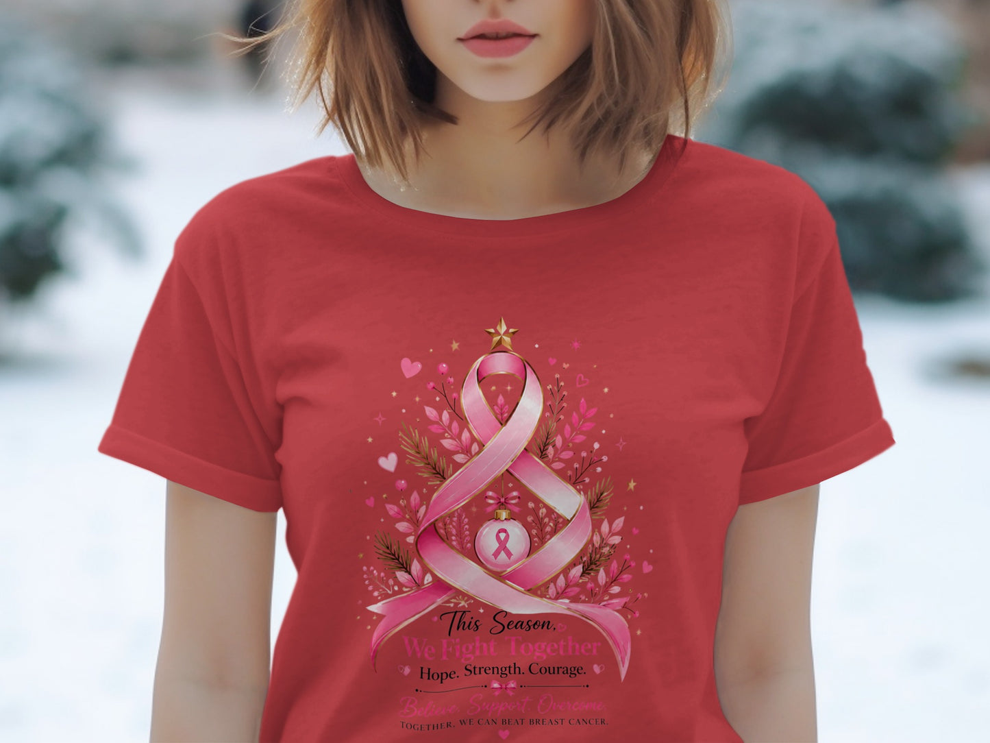 Red t-shirt with pink ribbon tree design and text "This Season, We Fight Together".