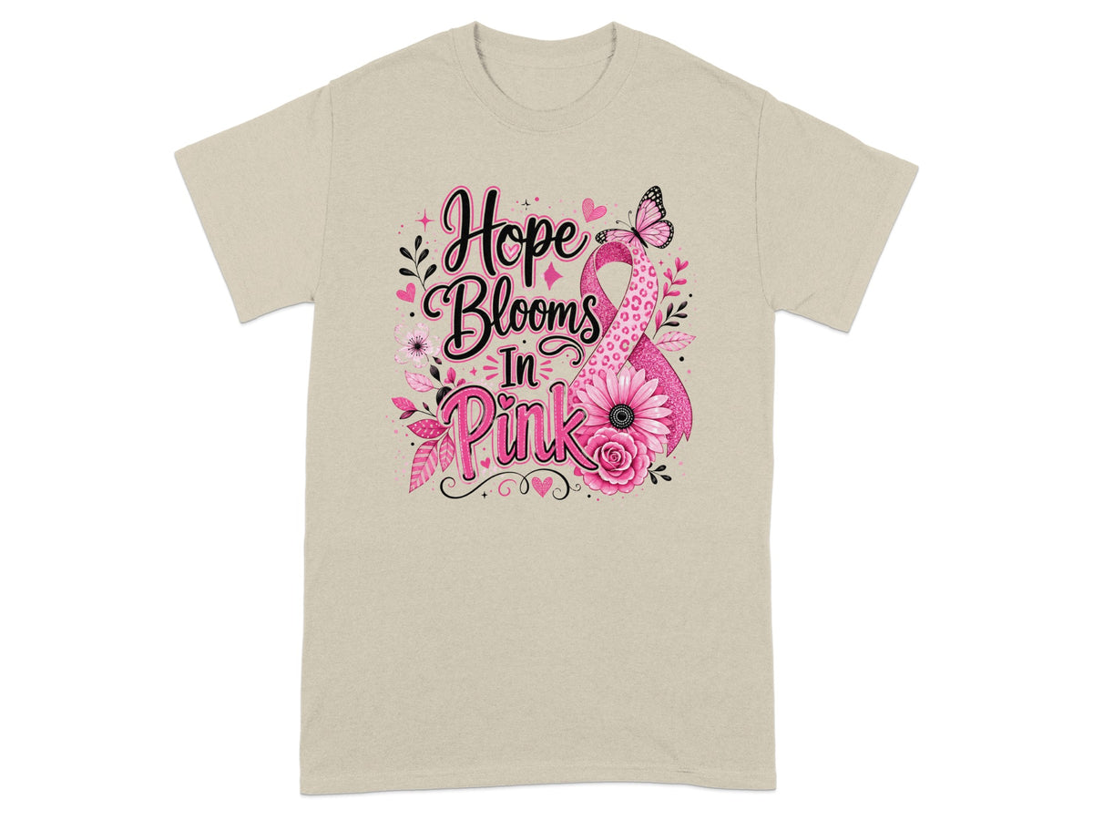 T-shirt with pink ribbon, flowers, and text "Hope Blooms In Pink."