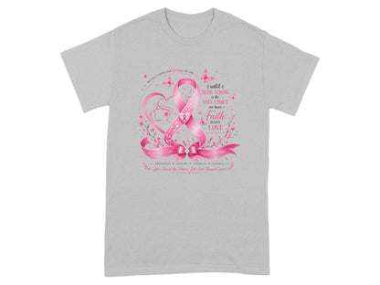 Pink ribbon design with text "Faith, Hope, Love" and breast cancer awareness slogans.
