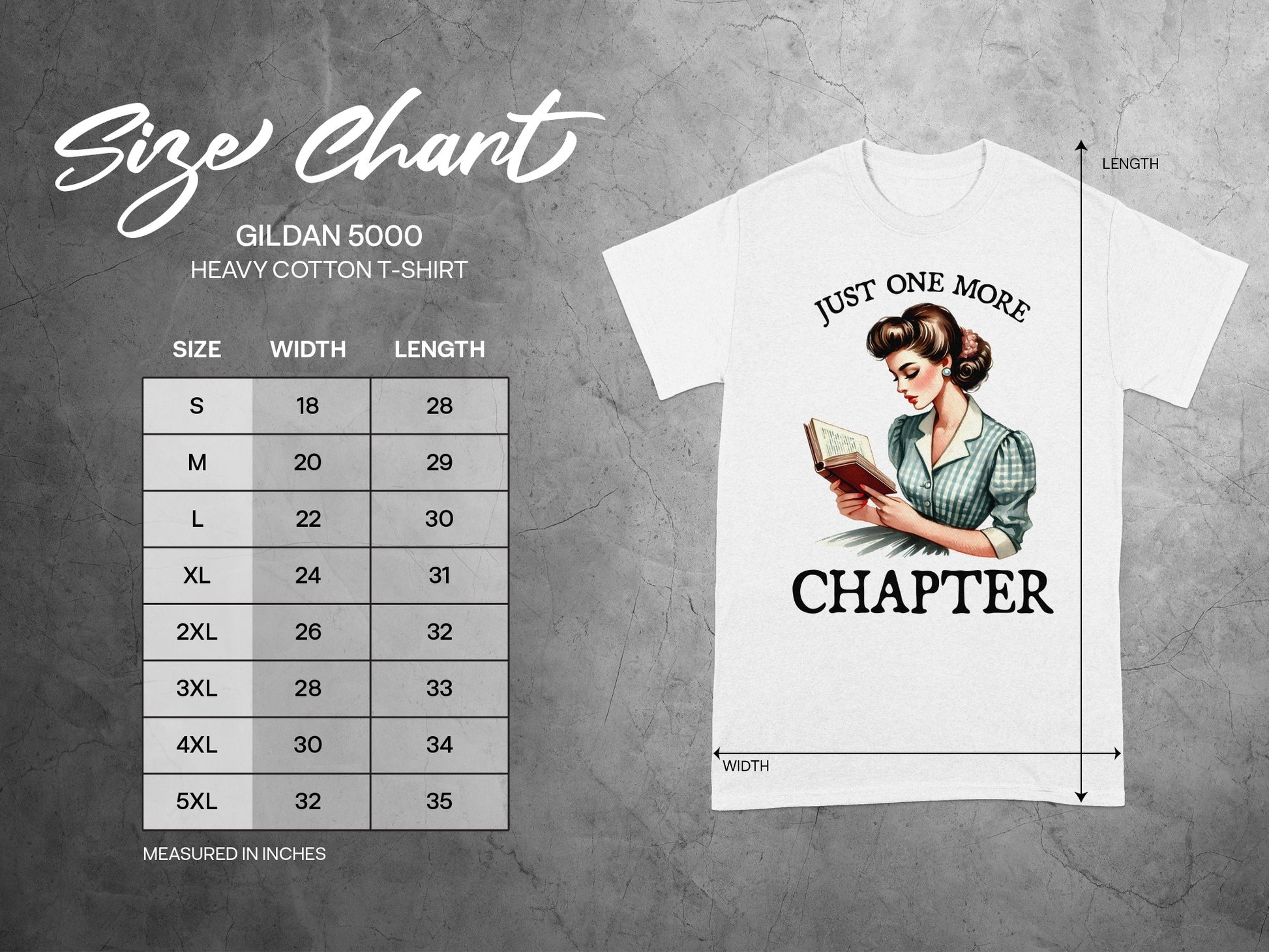 Gildan 5000 size chart for heavy cotton t-shirts with a woman reading graphic.