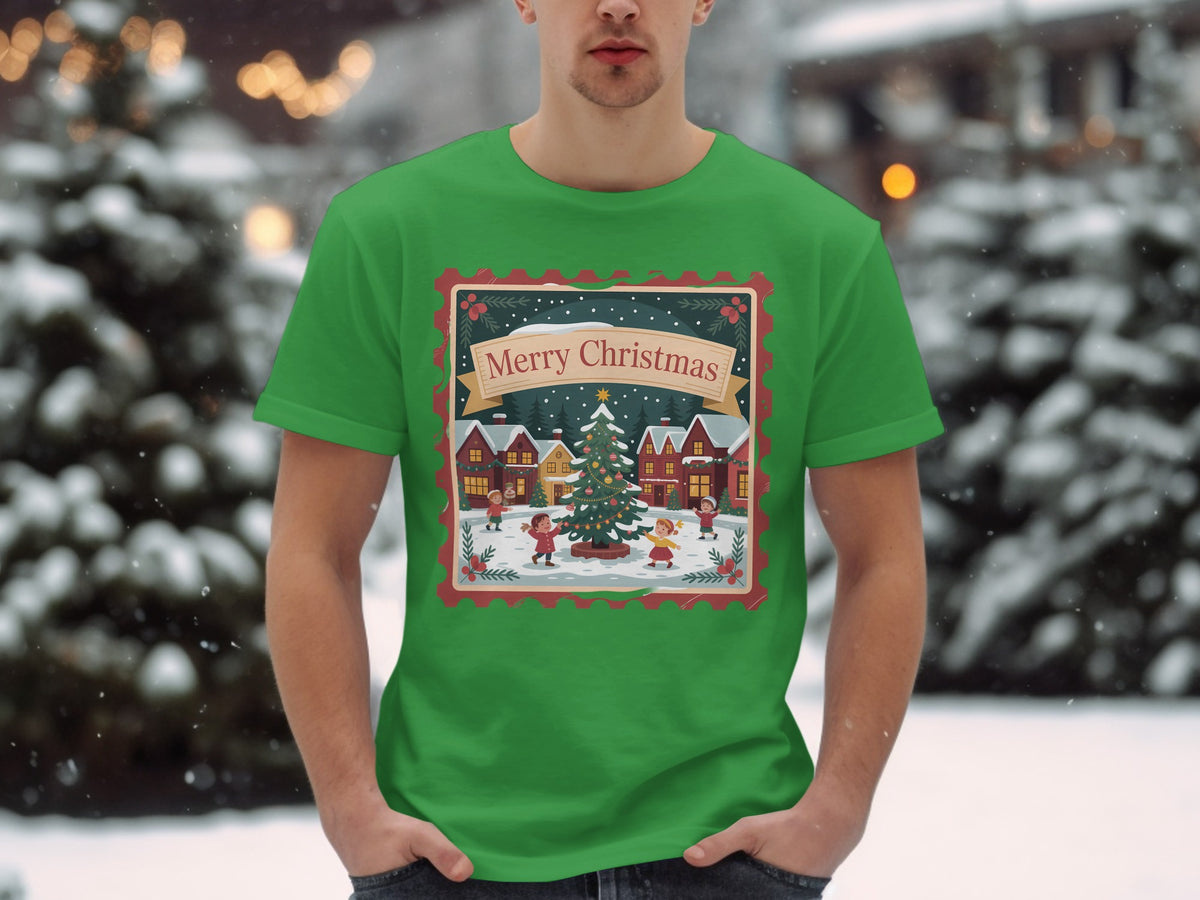 Green t-shirt with a Christmas village scene and "Merry Christmas" banner.