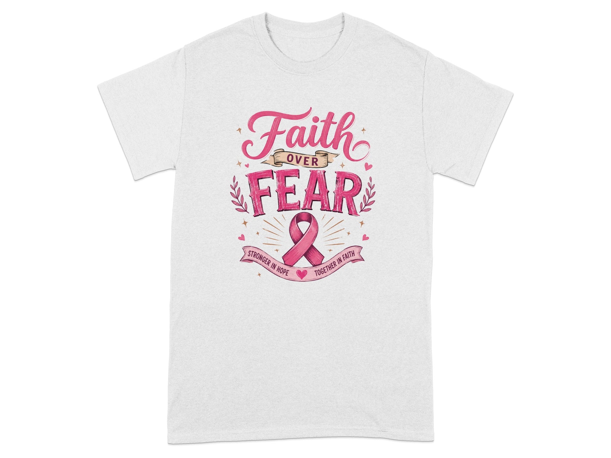 White t-shirt with pink text and a breast cancer ribbon.