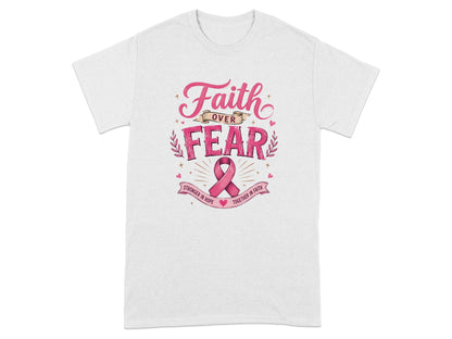 White t-shirt with pink text and a breast cancer ribbon.