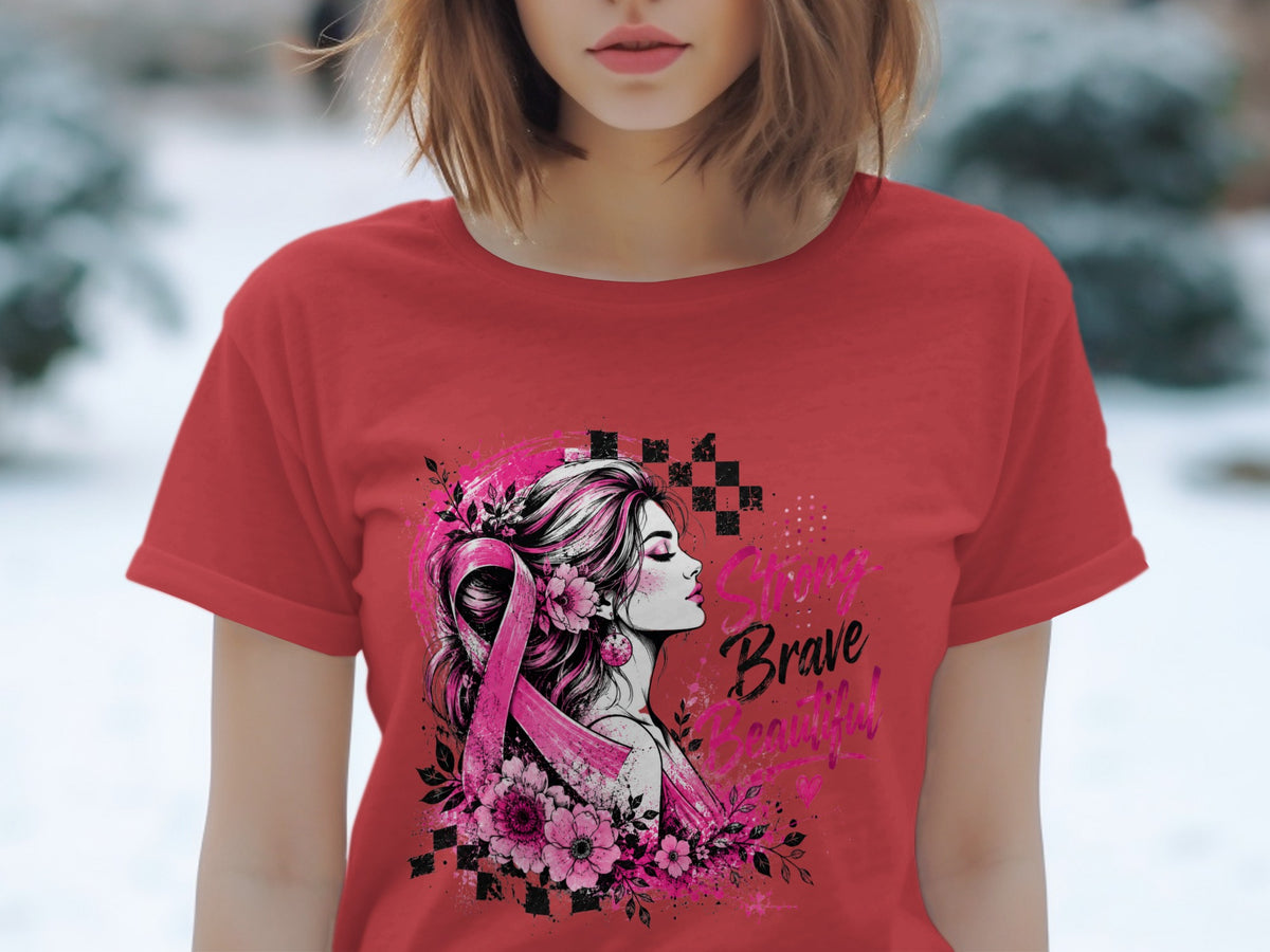 Red t-shirt with a graphic of a woman and pink ribbon; text reads "Strong Brave Beautiful".