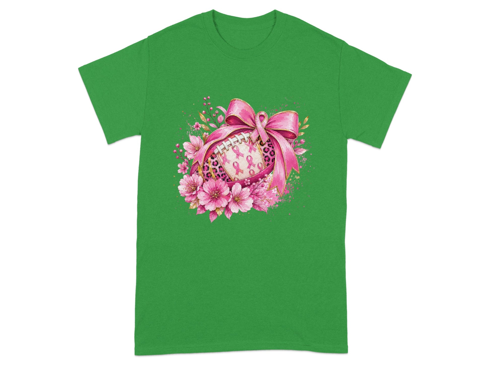 Football with pink ribbons, bow, and floral accents on a green shirt.