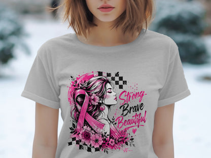 Woman with pink ribbon, flowers, and text "Strong Brave Beautiful".