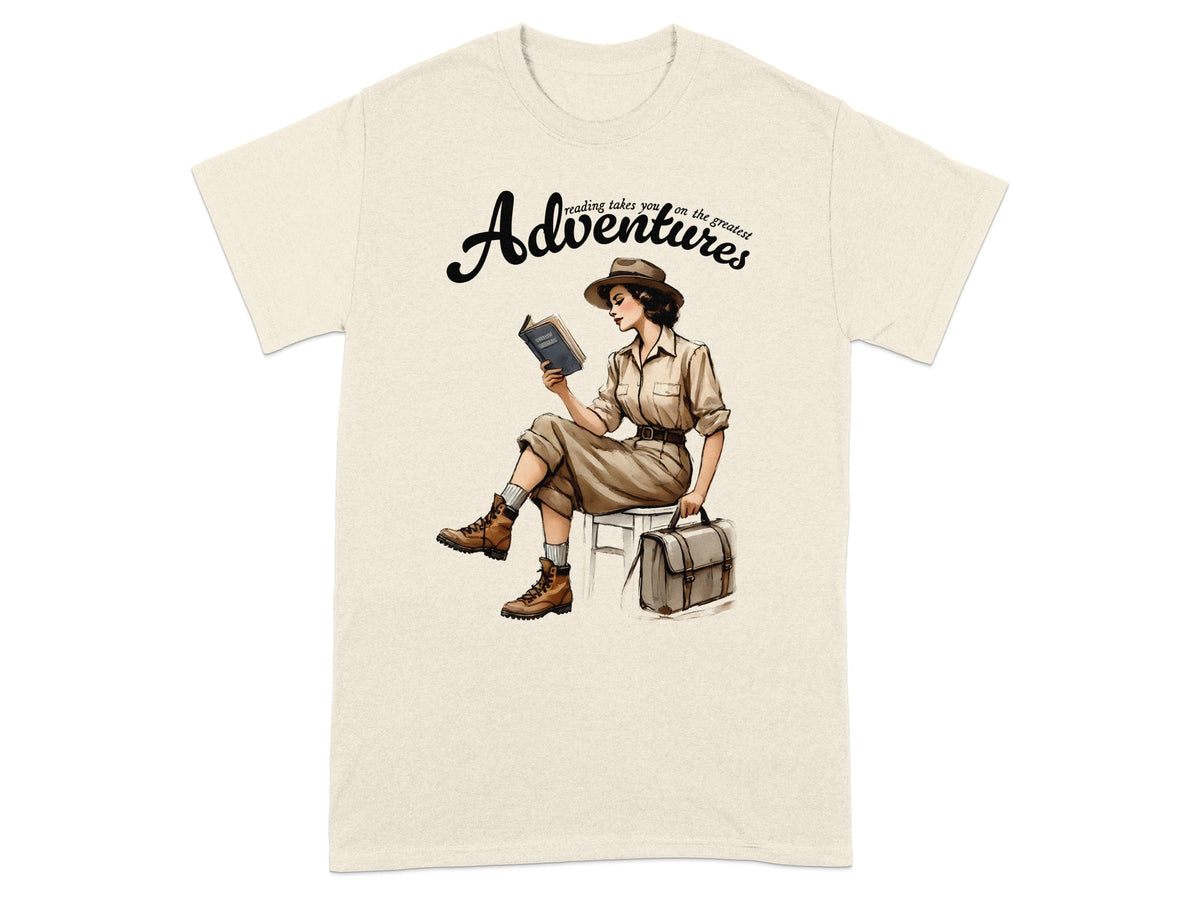 "Adventures" graphic with woman reading a book in safari outfit.