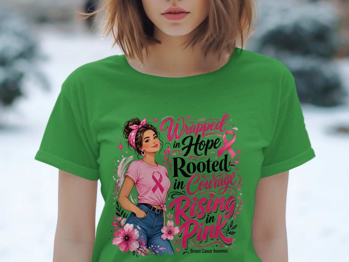 Green t-shirt with graphic of woman and text "Wrapped in Hope, Rooted in Courage, Rising in Pink."