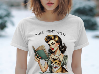 Retro woman reading a book with a cat, "Time spent with cats" text.