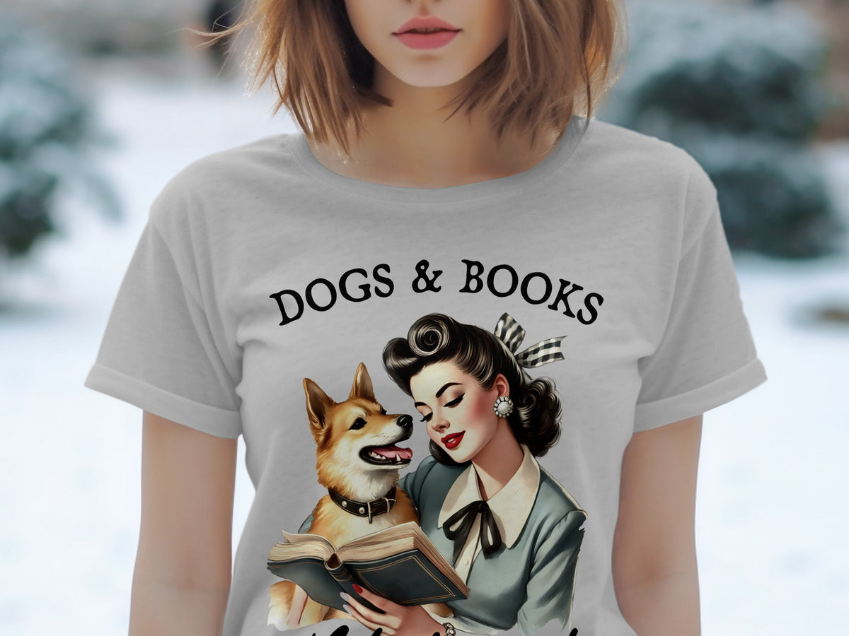 T-shirt with "DOGS & BOOKS" text and illustration of a woman reading with a dog.