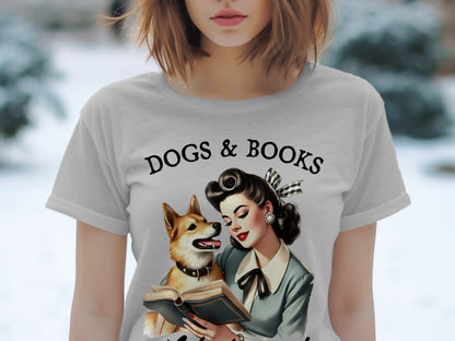 T-shirt with "DOGS & BOOKS" text and illustration of a woman reading with a dog.