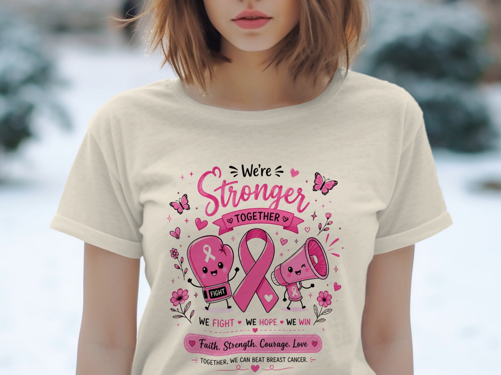 T-shirt with "We're Stronger Together" breast cancer awareness graphic.