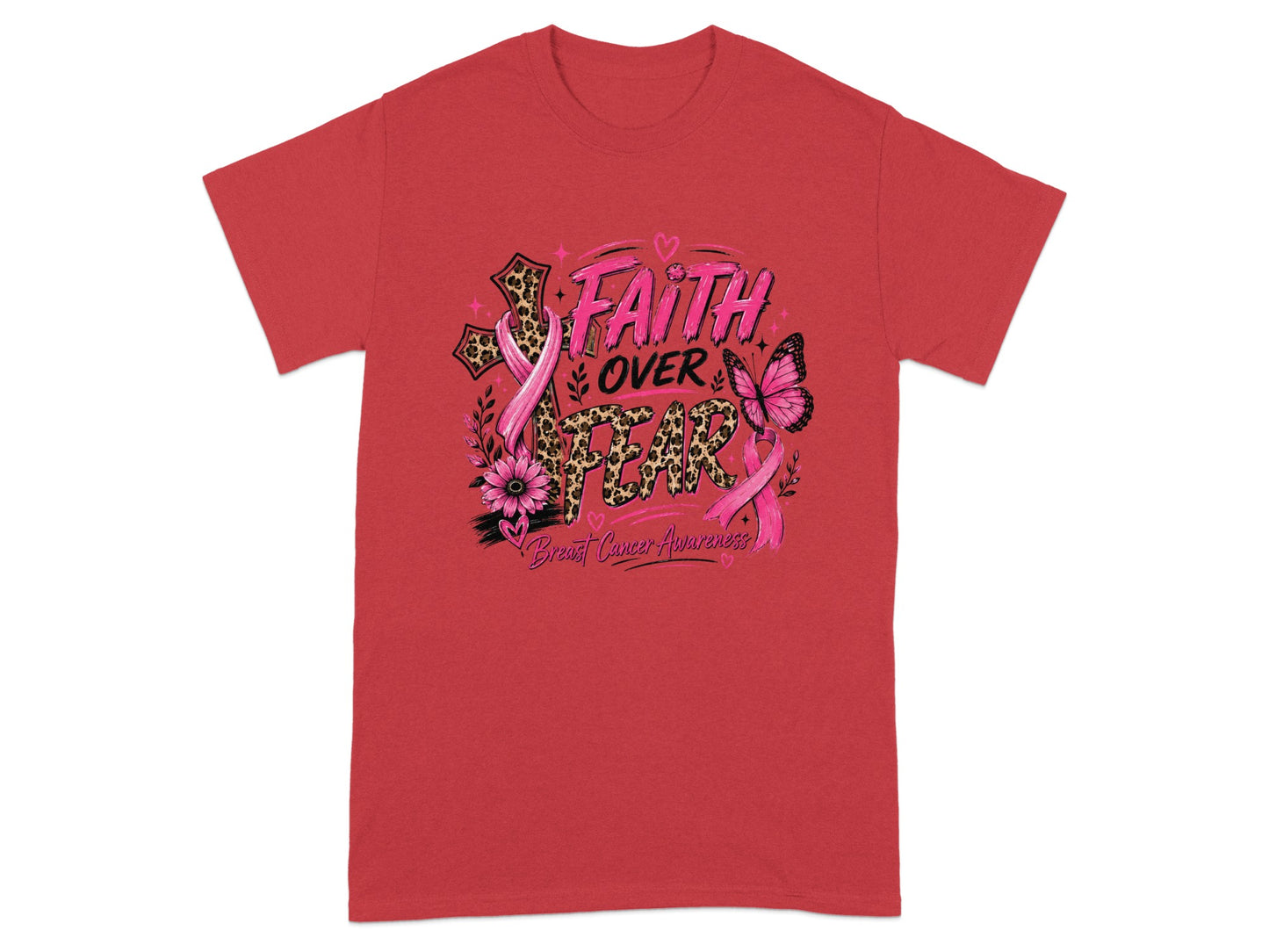 Red t-shirt with "Faith Over Fear" breast cancer awareness graphic.