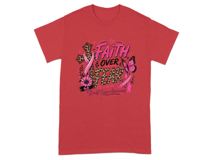 Red t-shirt with "Faith Over Fear" breast cancer awareness graphic.