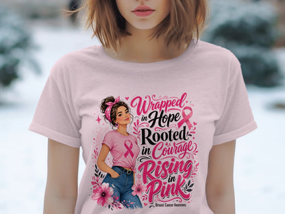 Illustration of a woman wearing a pink shirt with text about Breast Cancer Awareness.