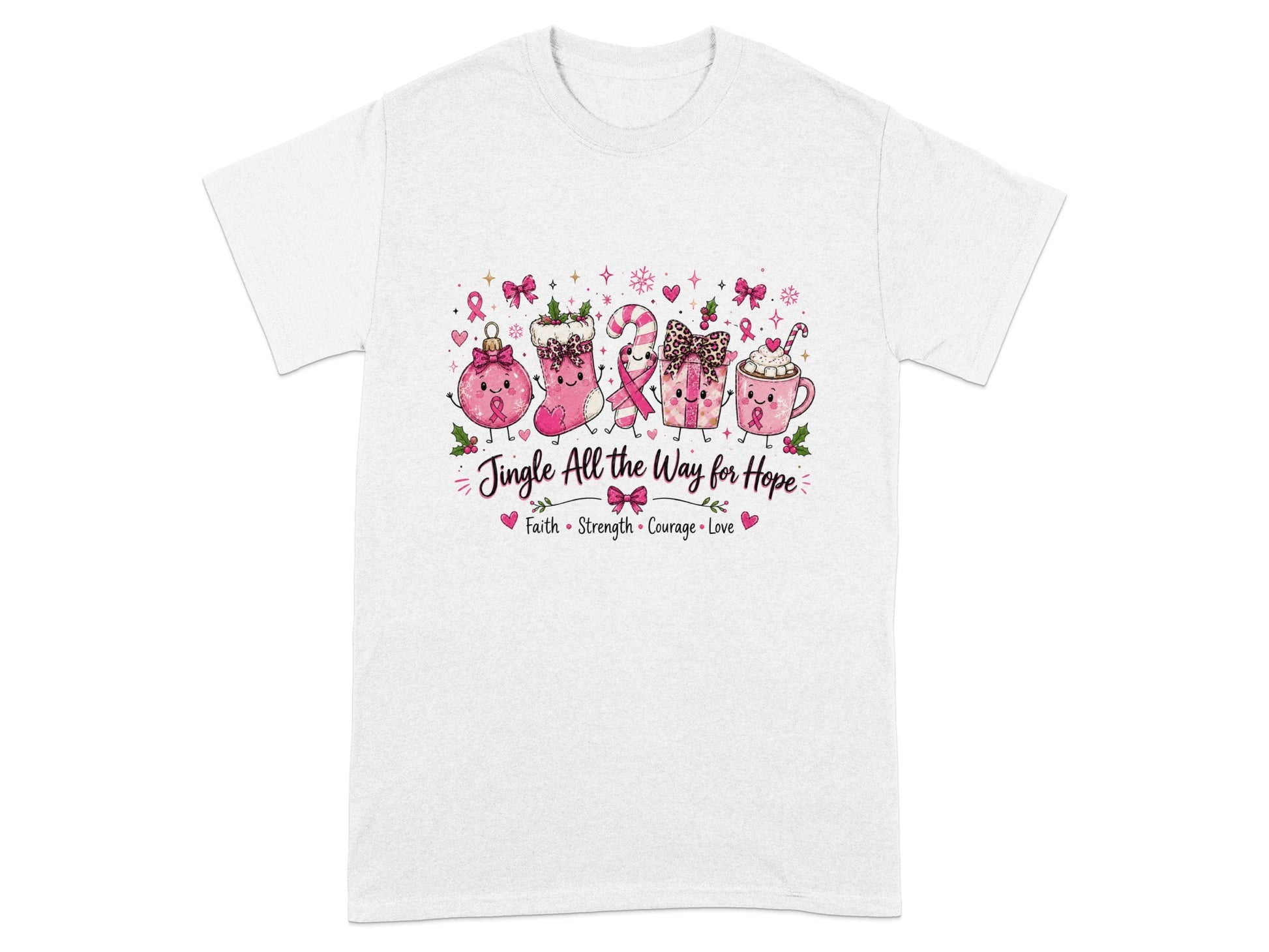 T-shirt with holiday-themed items and text "Jingle All the Way for Hope"