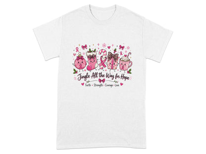 T-shirt with holiday-themed items and text "Jingle All the Way for Hope"