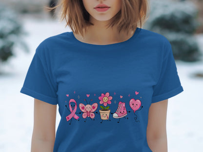 Blue t-shirt with cute pink ribbon, butterfly, flower, shoe, and heart balloon graphic.