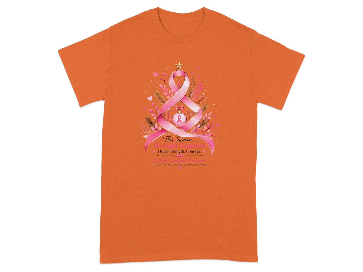 Orange t-shirt with breast cancer awareness graphic featuring a ribbon Christmas tree and inspirational text.