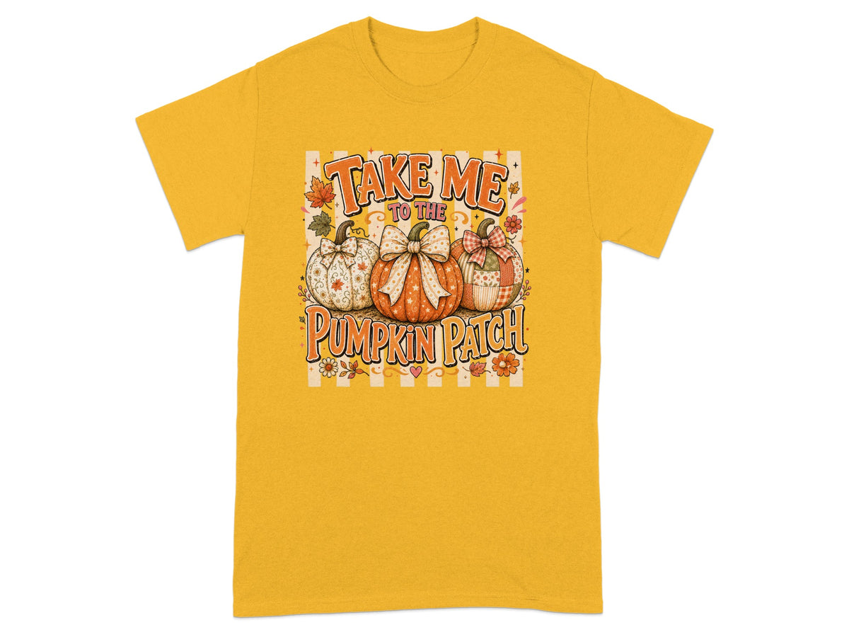 Yellow t-shirt with "Take me to the pumpkin patch" text and three decorative pumpkins.