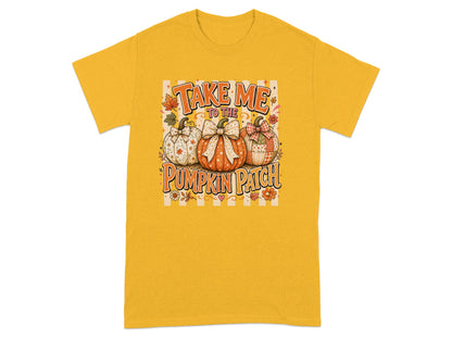 Yellow t-shirt with "Take me to the pumpkin patch" text and three decorative pumpkins.