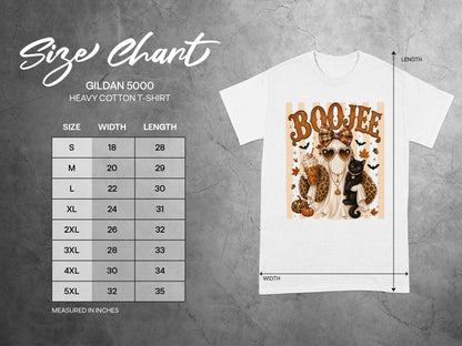 Size chart for Gildan 5000 Heavy Cotton T-Shirt with width and length measurements.