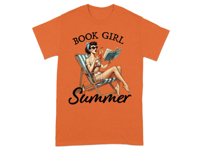 Orange t-shirt with "Book Girl Summer" text and pin-up style graphic.