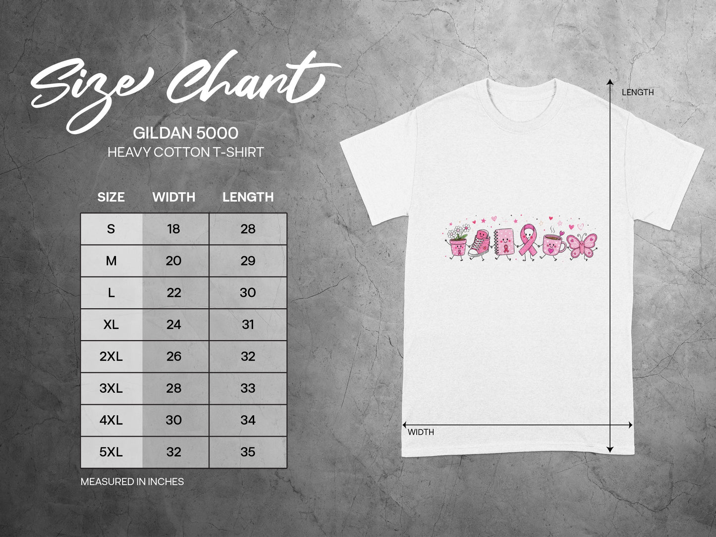 Gildan 5000 Heavy Cotton T-Shirt size chart with width and length measurements in inches.