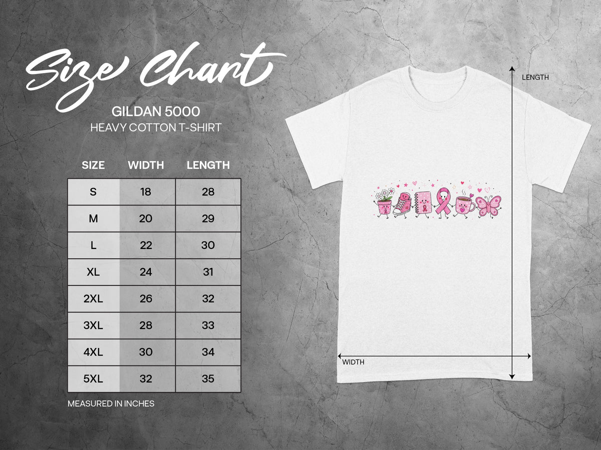 Gildan 5000 Heavy Cotton T-Shirt size chart with width and length measurements in inches.
