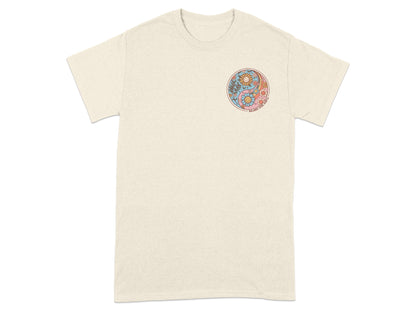Cream t-shirt with retro yin-yang floral design and text.