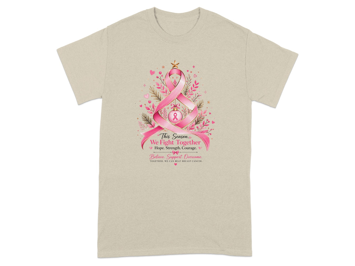 Tan t-shirt with pink ribbon tree design and breast cancer awareness text.