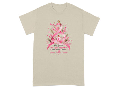 Tan t-shirt with pink ribbon tree design and breast cancer awareness text.