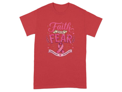 Red t-shirt with "Faith over Fear" and breast cancer ribbon graphic.