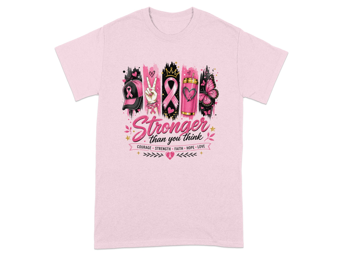 Pink t-shirt with "Stronger than you think" graphic featuring breast cancer ribbons.