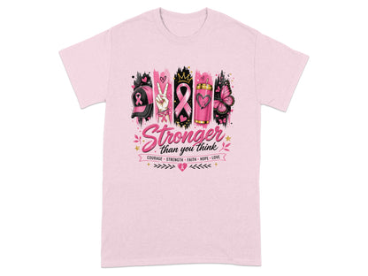 Pink t-shirt with "Stronger than you think" graphic featuring breast cancer ribbons.