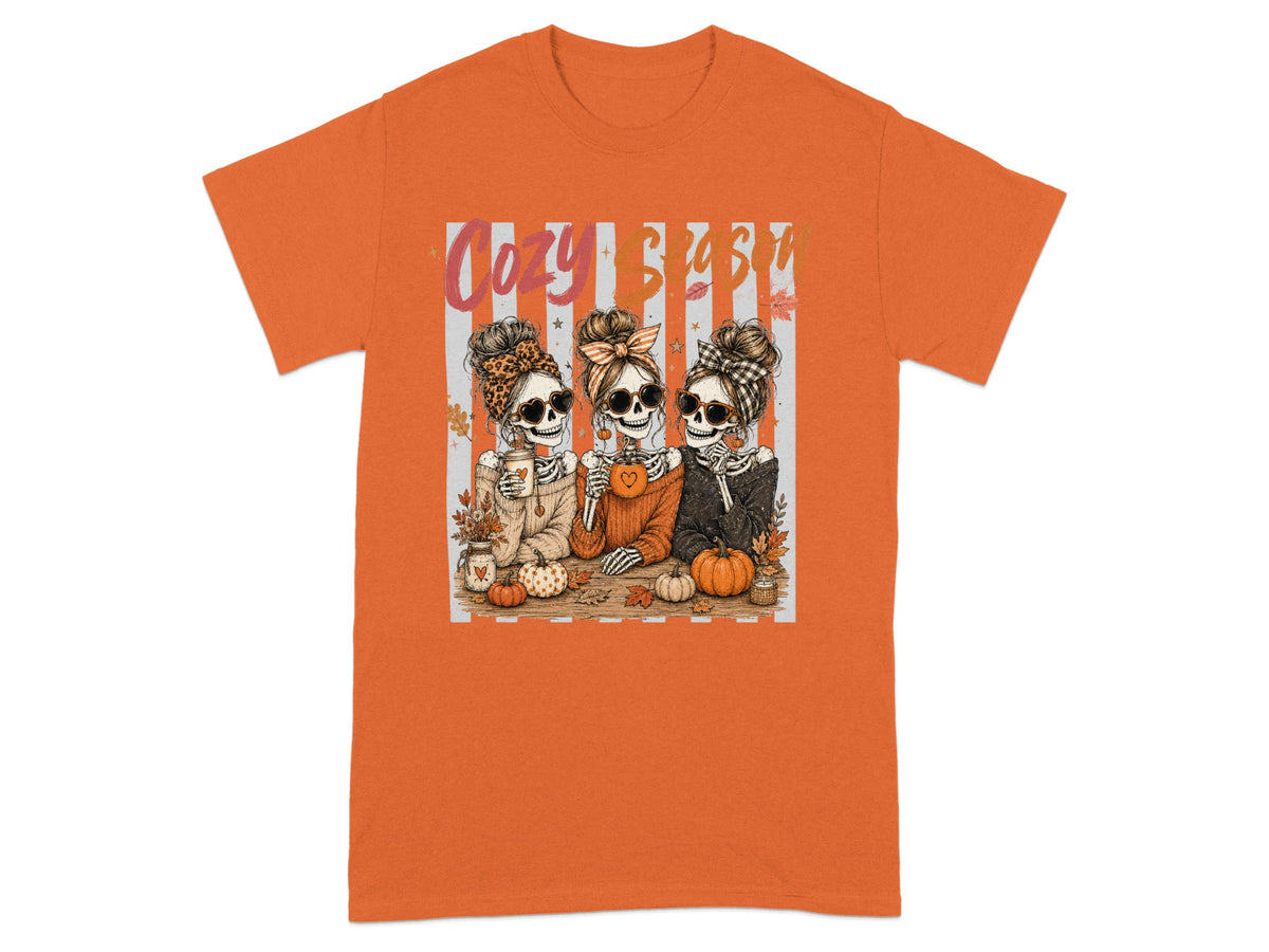 Three skeletons wearing bandanas and sunglasses with "Cozy Season" text.
