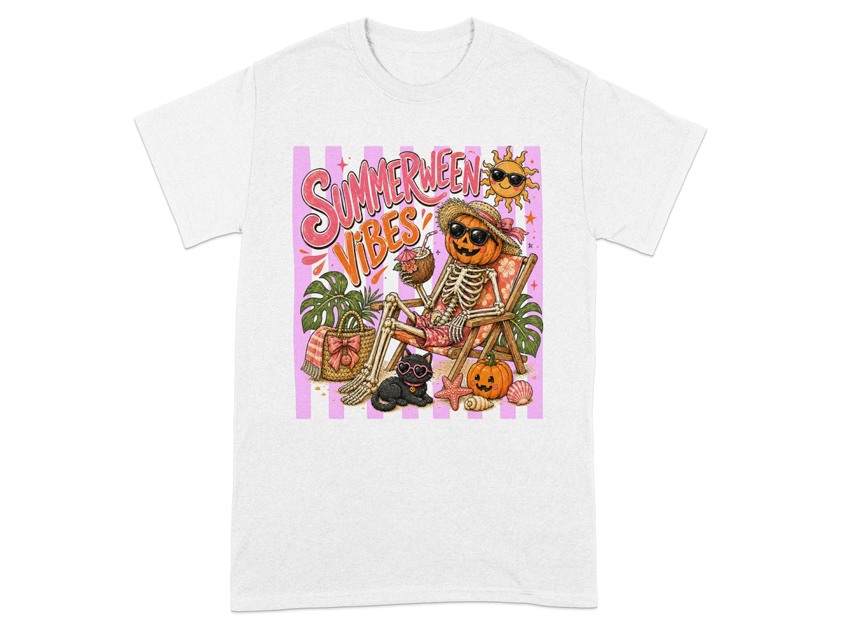 Skeleton on beach chair with pumpkin head, text "SUMMERWEEN VIBES".