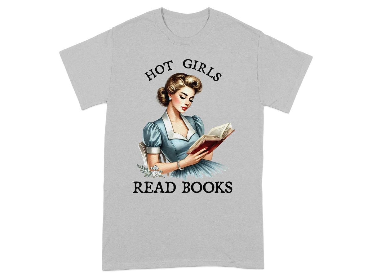 "Hot Girls Read Books" text above vintage woman reading a book.