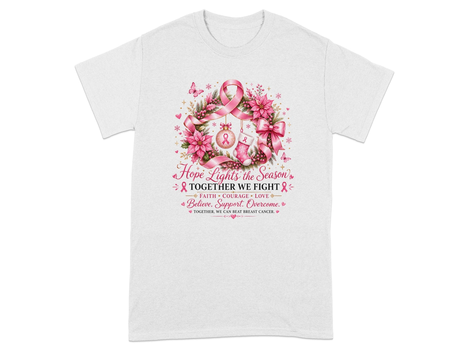 White t-shirt with wreath graphic featuring pink ribbons and text about breast cancer awareness.