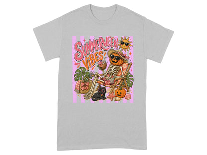 Skeleton and pumpkin with "Summerween Vibes" on a grey t-shirt.